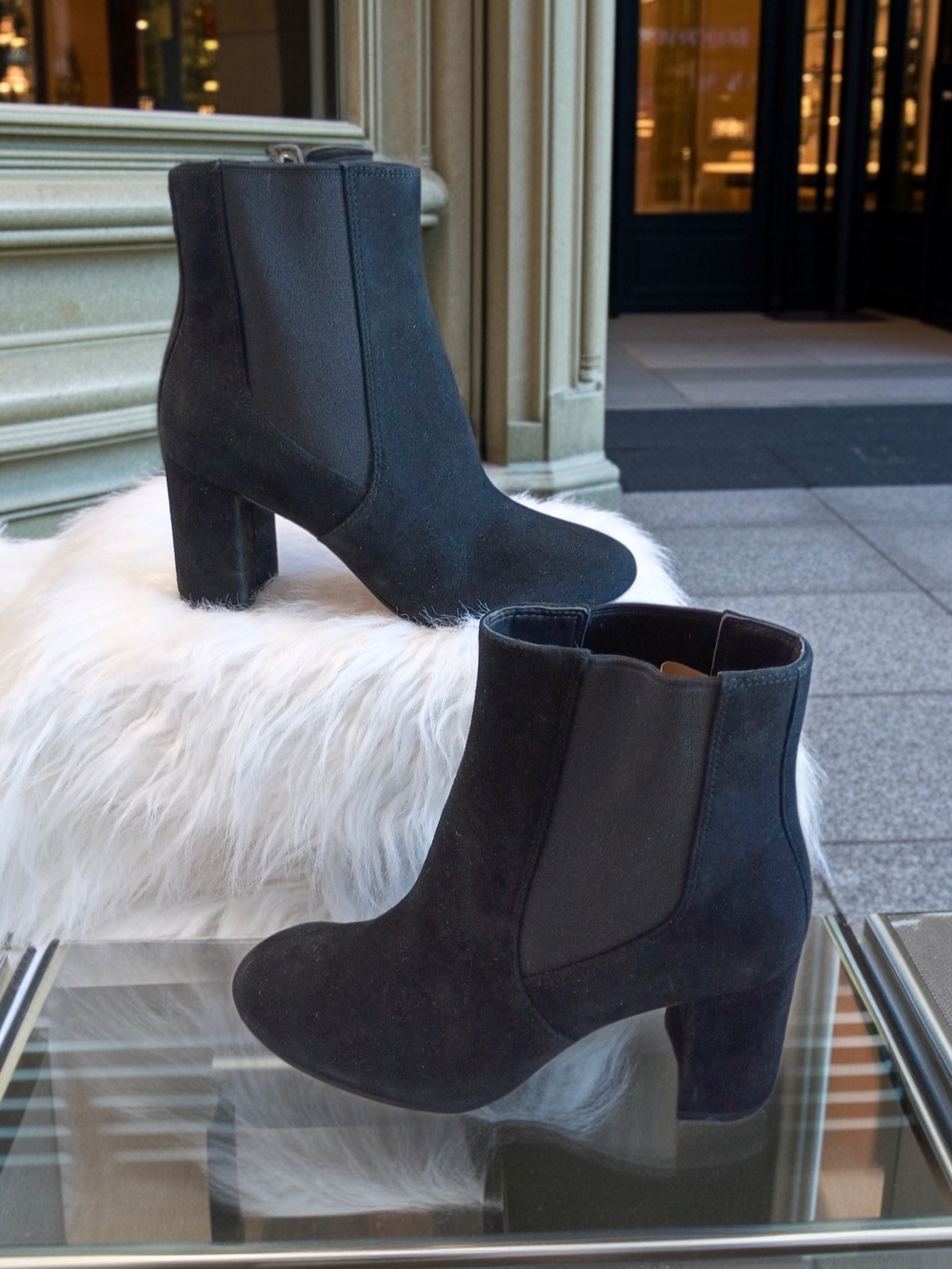 New Stuart Weitzman Celina 75 Chelsea Black Suede Block Heel Ankle Boots SZ 6.5